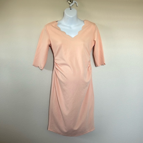 PinkBlush Peach Solid Scalloped Trim Fitted Maternity Dress - Picture 3 of 9
